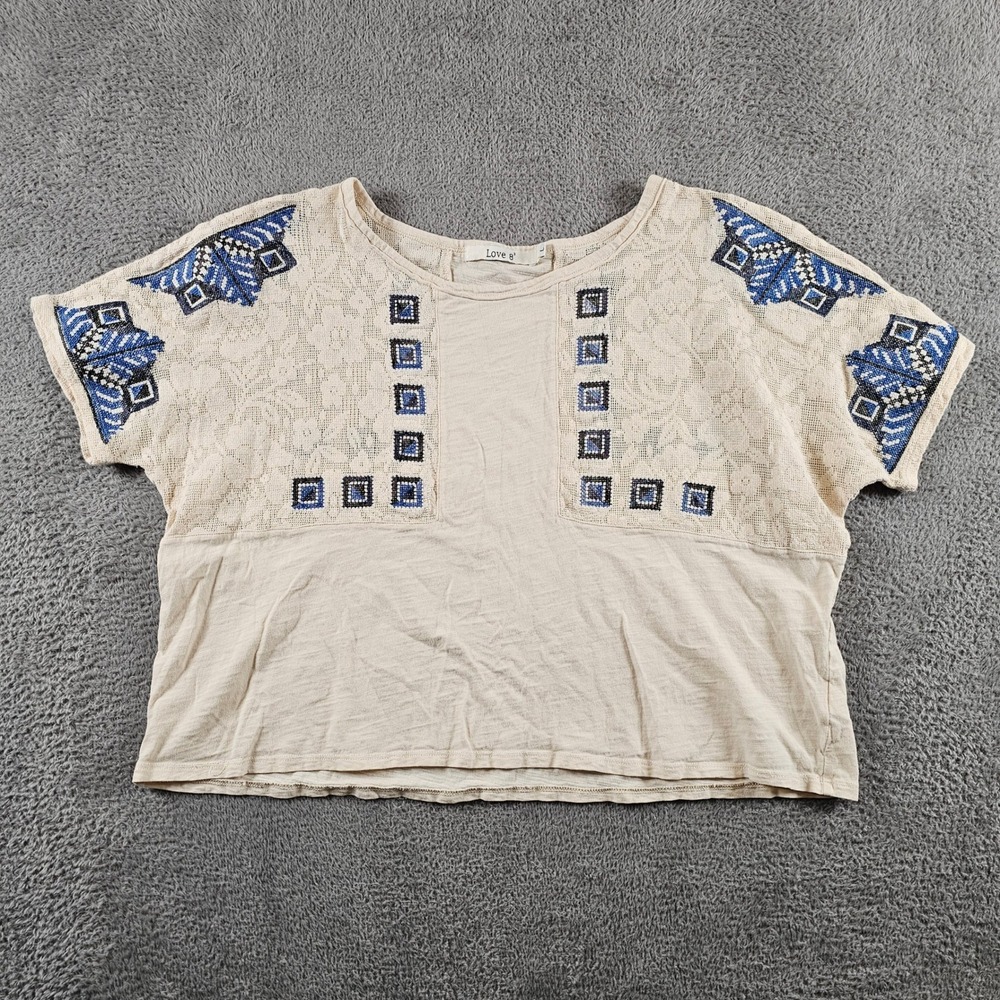 Love 8 Beige Cotton Lace Embroidered Short Sleeve Crop Top Large